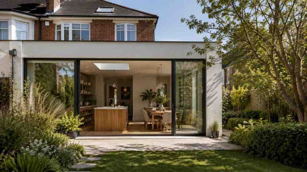 what-makes-a-house-extension-work Rear garden view of a renovated South Dublin red-brick semi-detached home with a contemporary pale-render extension, slim black-framed glazing, open-plan kitchen and mature landscaped garden in soft spring daylight.
