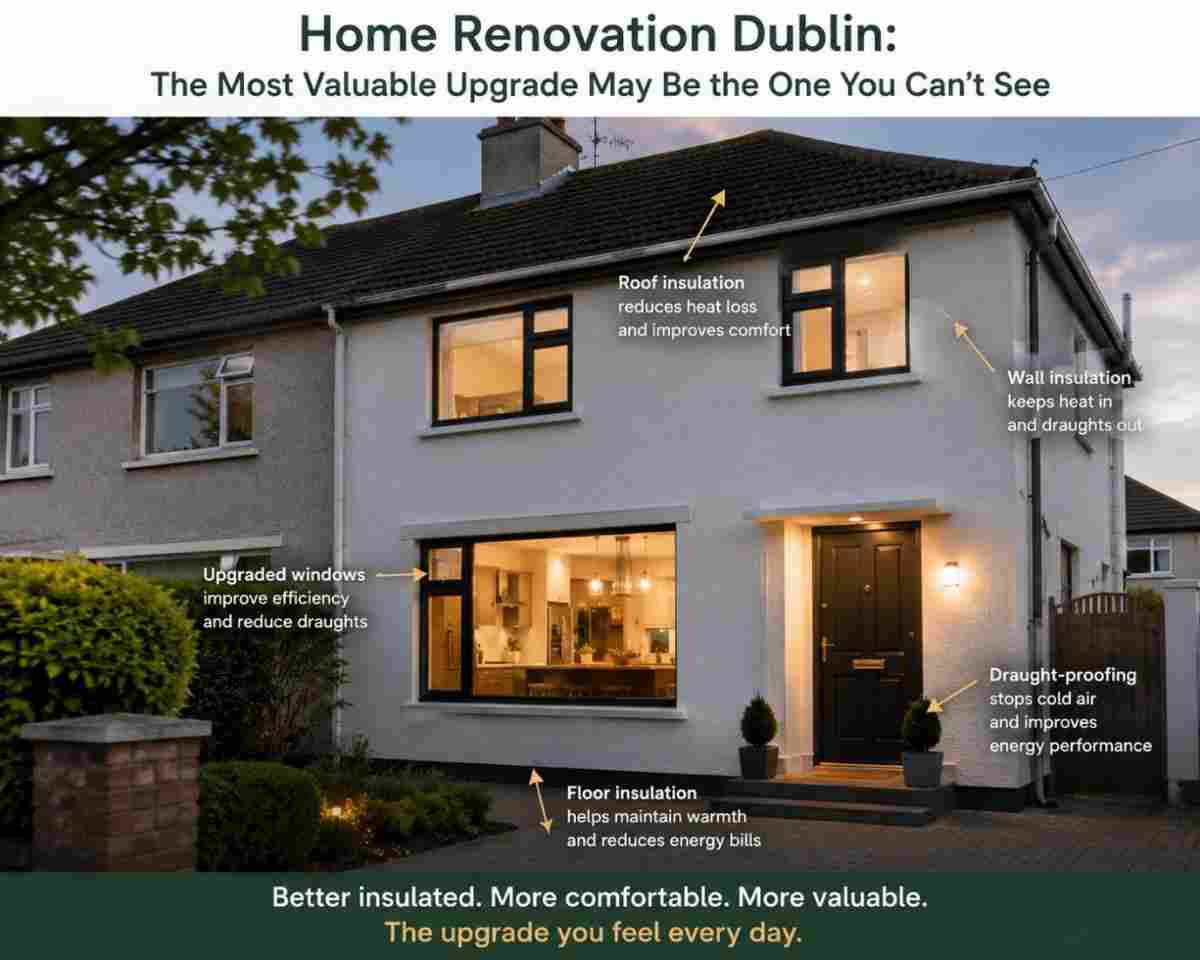 infographic of a renovated semi-detached Dublin home with a modern kitchen visible through the window. Arrows identify roof insulation to reduce heat loss, wall insulation to retain heat and reduce draughts, upgraded windows for efficiency, draught-proofing around the entrance, and floor insulation to maintain warmth and reduce energy bills. Caption reads: “Better insulated. More comfortable. More valuable. The upgrade you feel every day.