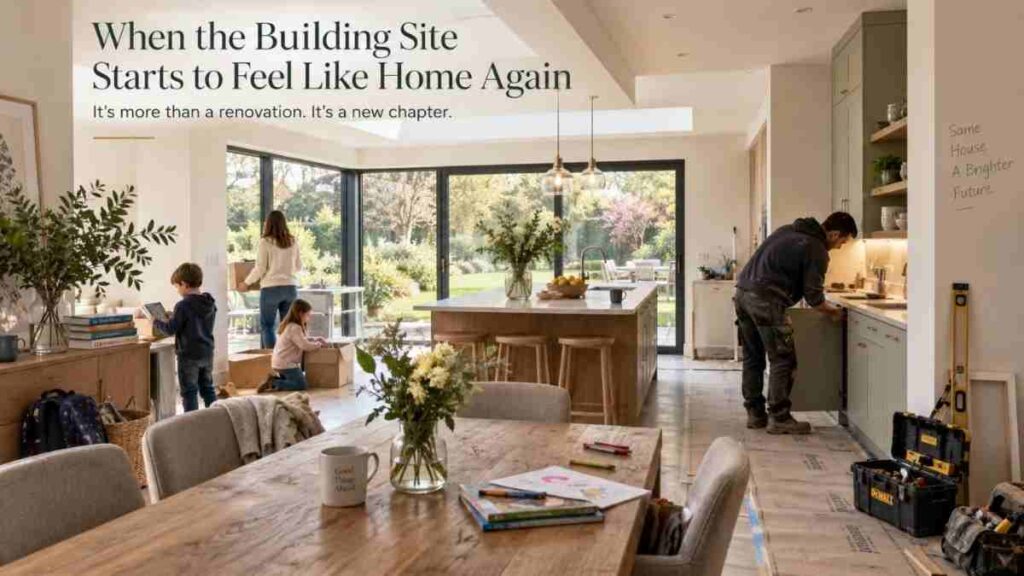 Photorealistic view of a nearly completed house renovation in Dublin, showing a bright open-plan kitchen extension as a family begins moving back in. A tradesperson completes the kitchen cabinetry while protective floor covering, tools, school bags, children's books and moving boxes show the final stages of the renovation. Large glazed doors overlook the garden. Text reads: “When the Building Site Starts to Feel Like Home Again”, “It’s more than a renovation. It’s a new chapter” and “Same House. A Brighter Future.”