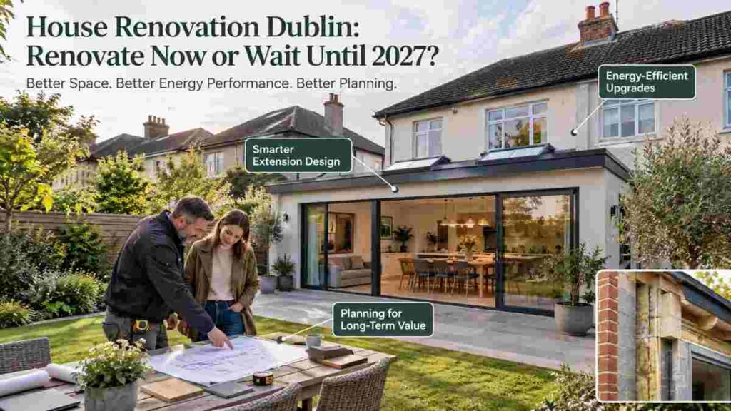 AI-generated image of a renovated South Dublin semi-detached home with a modern rear extension, energy-efficient upgrades and a homeowner discussing architectural plans with a builder. Includes callouts highlighting smarter extension design, energy efficiency and long-term renovation planning, alongside the question: “House Renovation Dublin: Renovate Now or Wait Until 2027?"